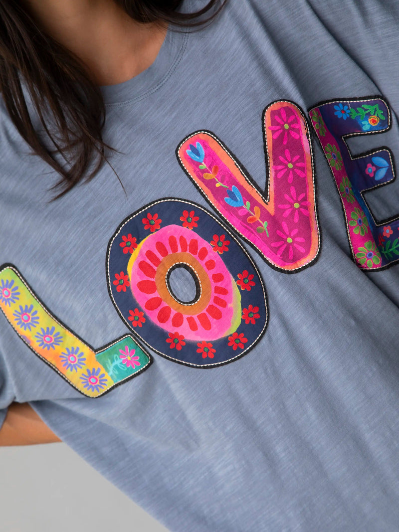 Natural Life Oversized Applique Tee - Dusty Blue Love