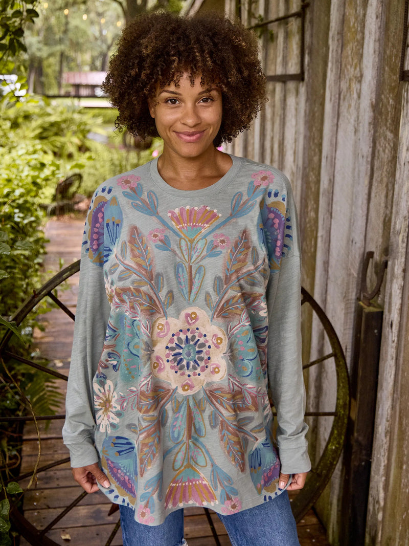 Natural Life One Size Long Sleeve Cotton Easy Tee - Dusty Blue Flower Bouquet