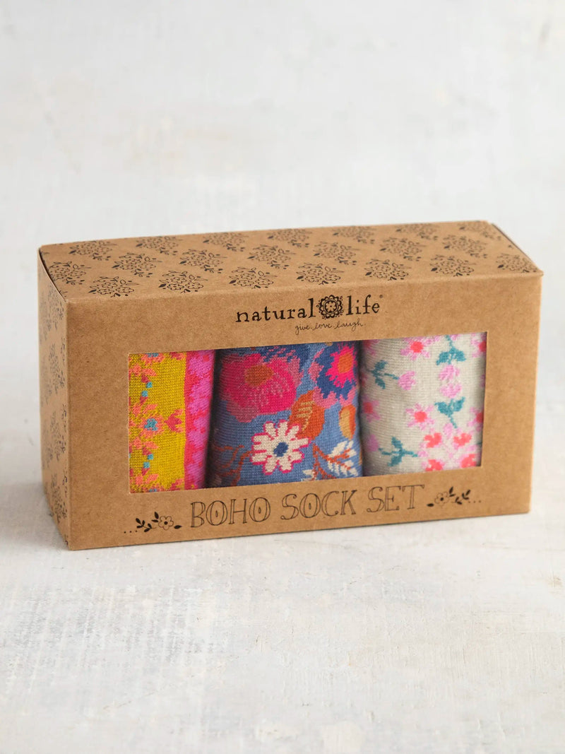 Natural Life Boxed Boho Sock, Set of 3 - Cream Borders