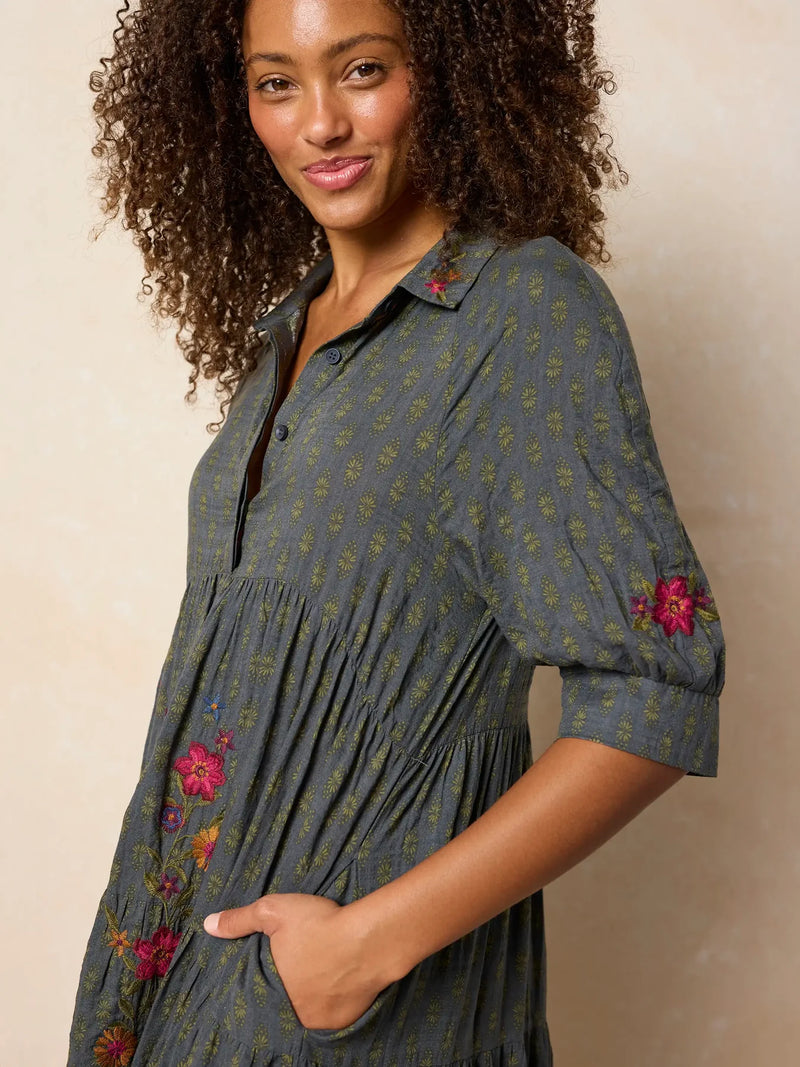 Natural Life Rebecca Embroidered Midi Dress - Alma Stamp Charcoal
