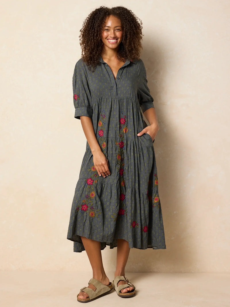 Natural Life Rebecca Embroidered Midi Dress - Alma Stamp Charcoal