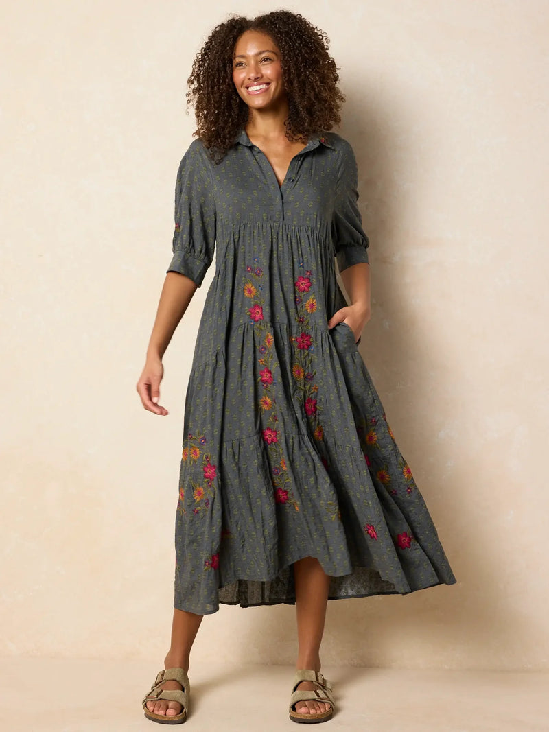 Natural Life Rebecca Embroidered Midi Dress - Alma Stamp Charcoal