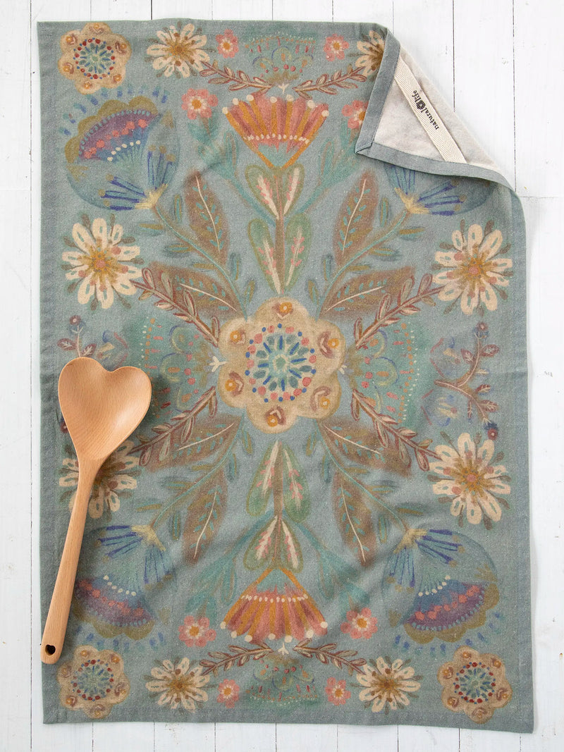 Natural Life Kitchen Dish Towel - Dusty Blue Folk Flower