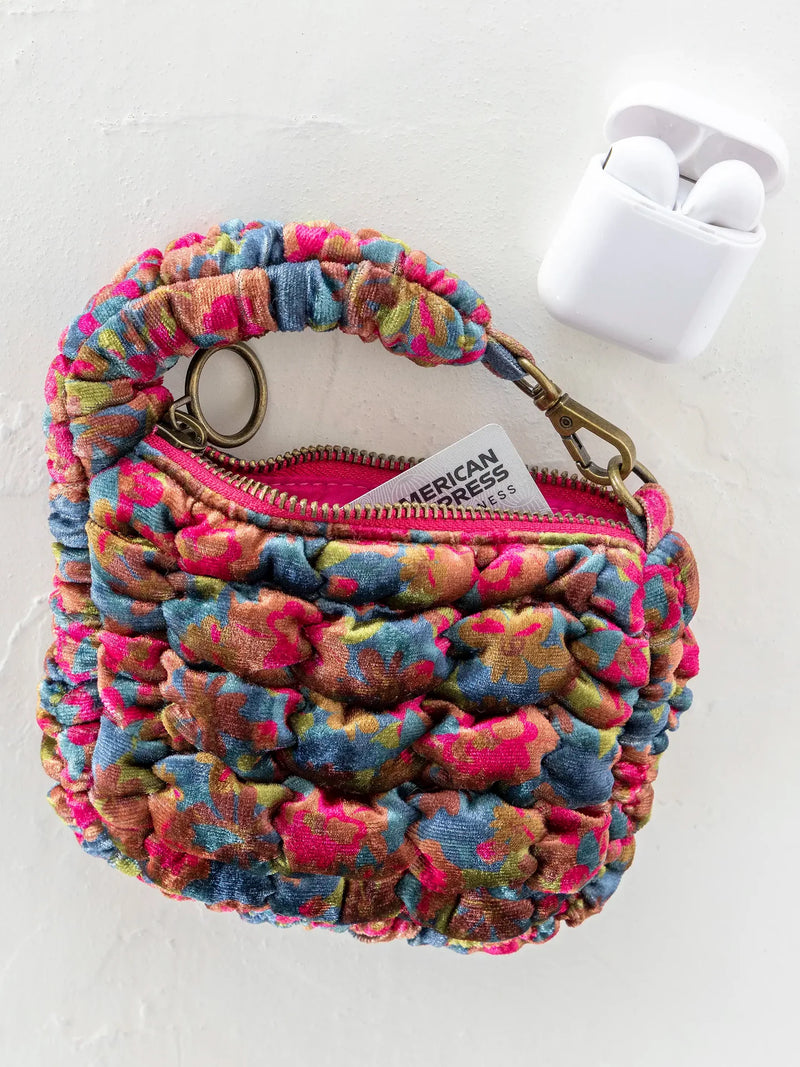 Natural Life® Puffy Velvet Mini Clip-On Pouch - Teal Pink Floral Velvet