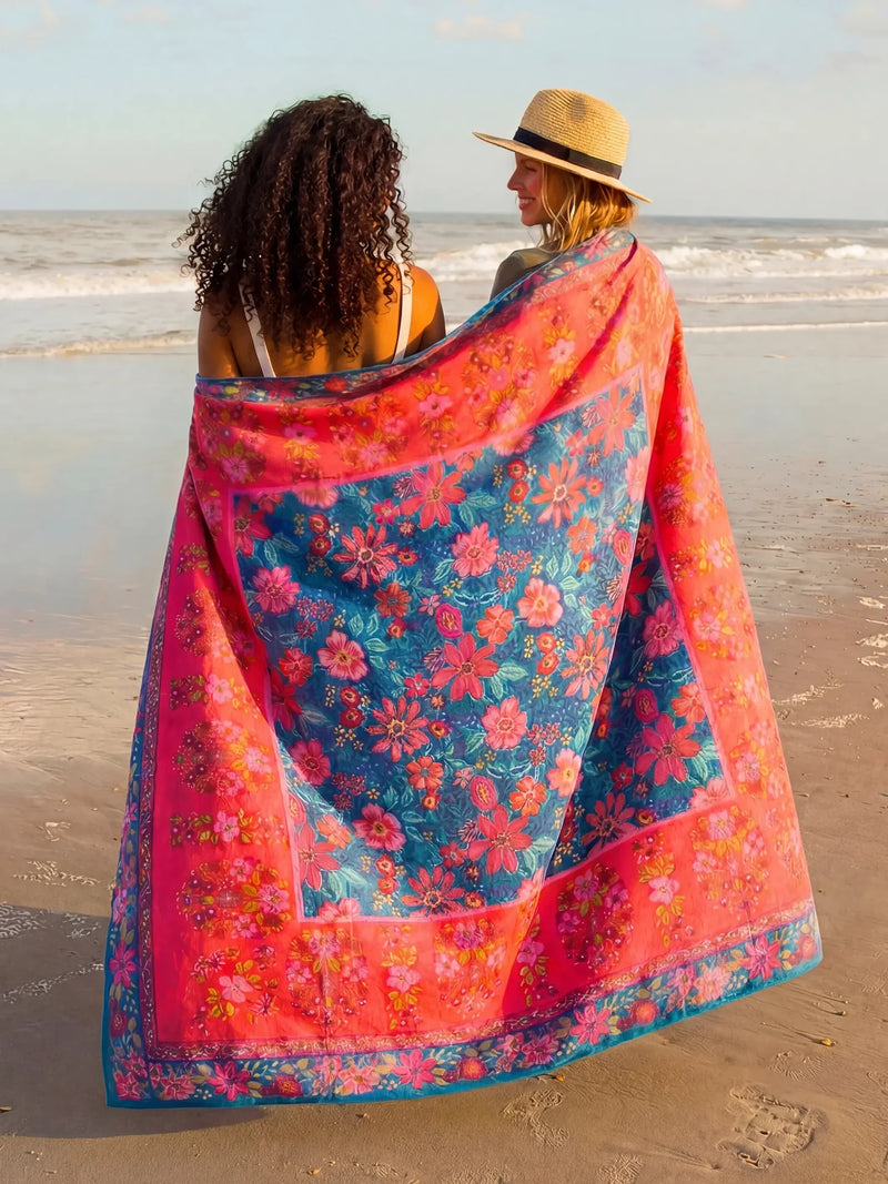 Natural Life - XL Double-Sided Microfiber Beach Towel - Teal Boho Border