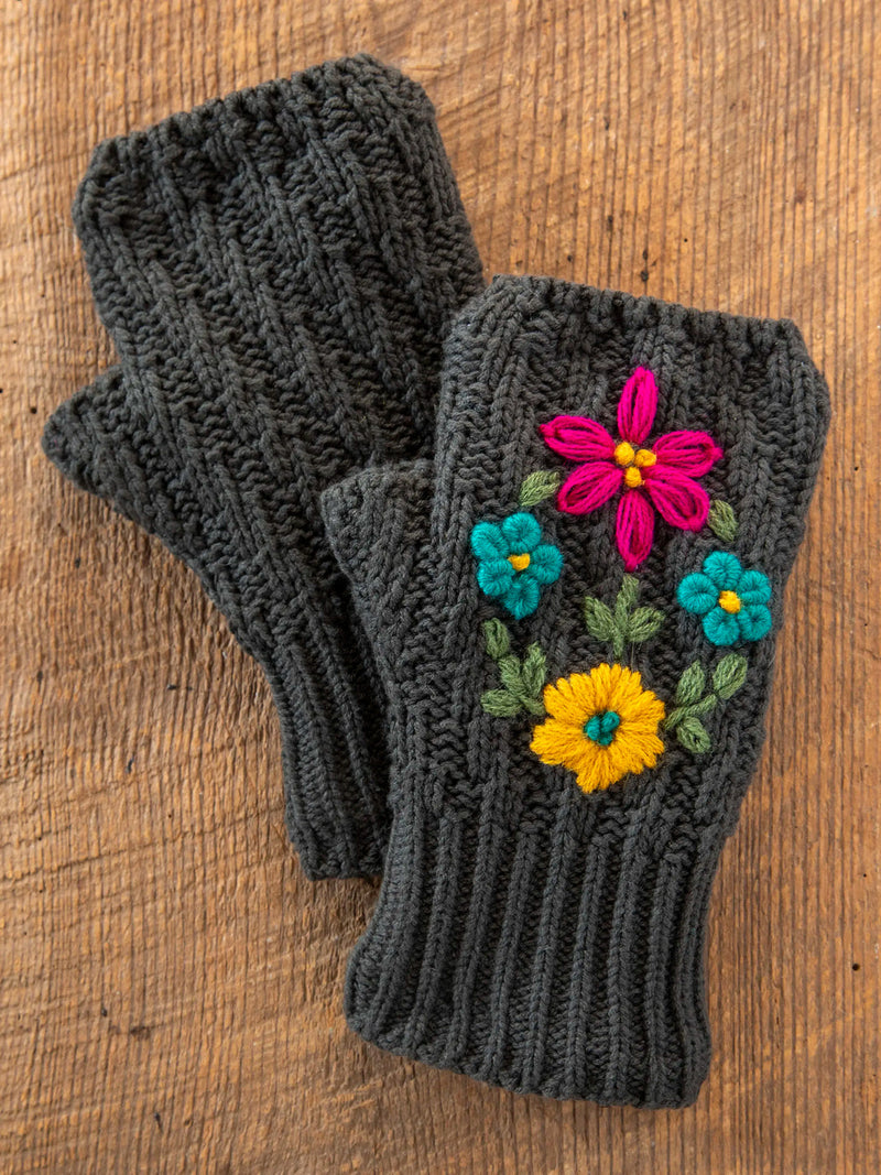 Natural Life Embroidered Fingerless Gloves - Charcoal Folk Flower