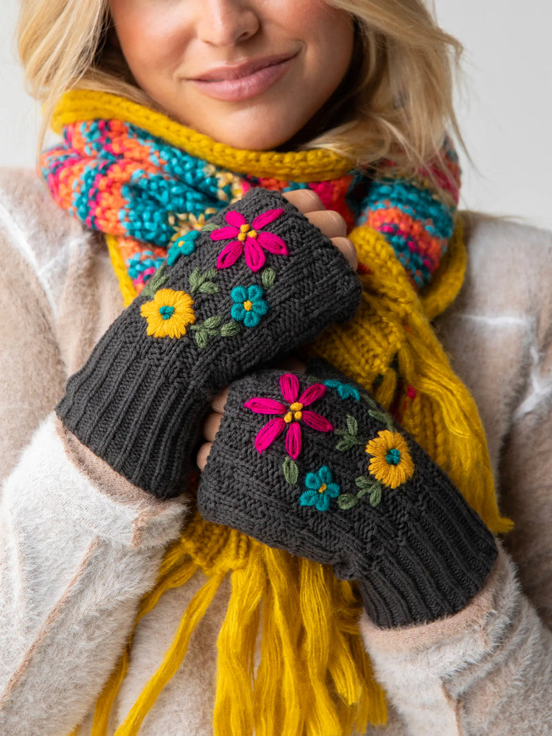 Natural Life Embroidered Fingerless Gloves - Charcoal Folk Flower