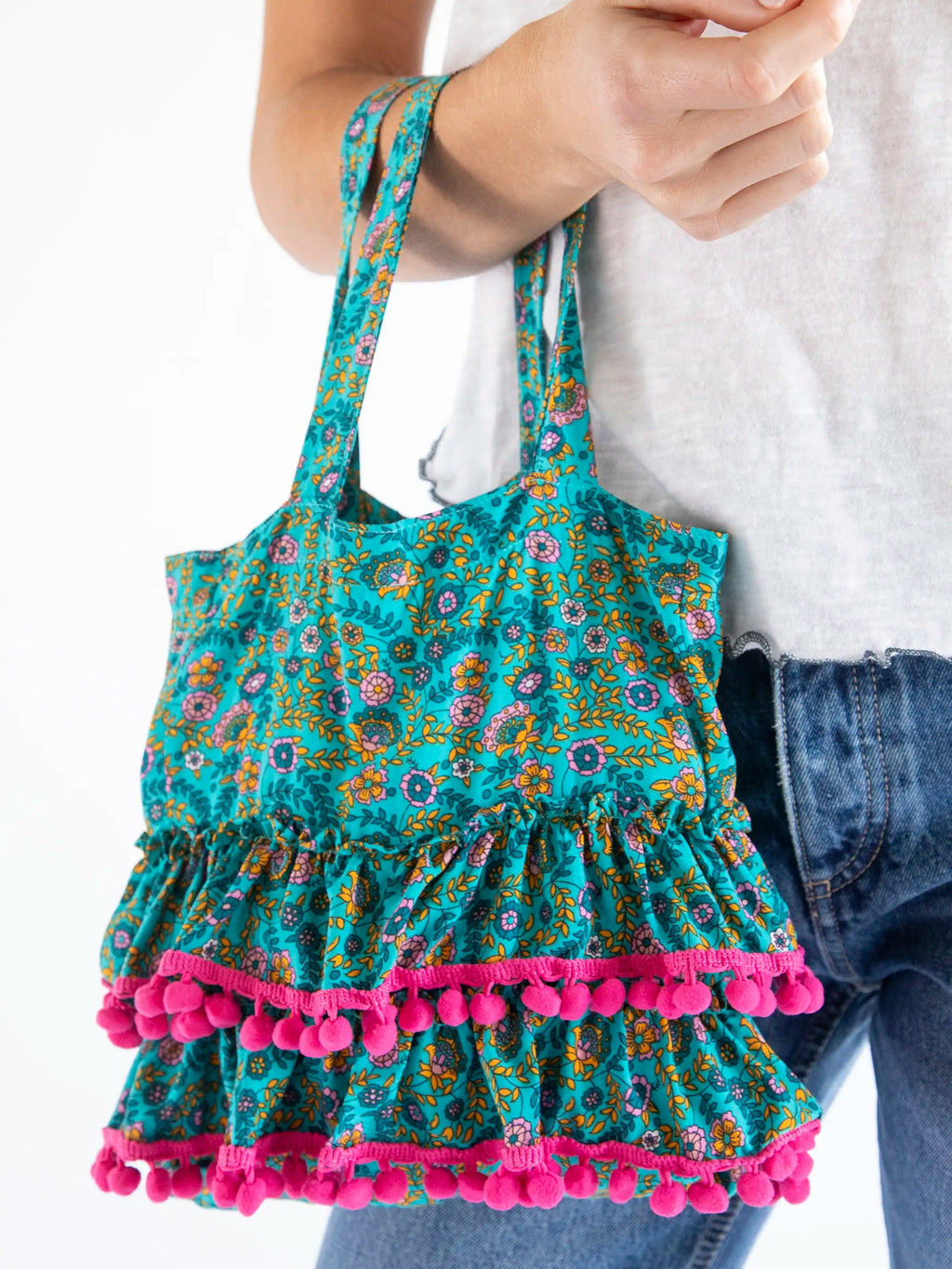 Natural Life Mini Ruffle Tote Bag - Turquoise Ditsy Vines