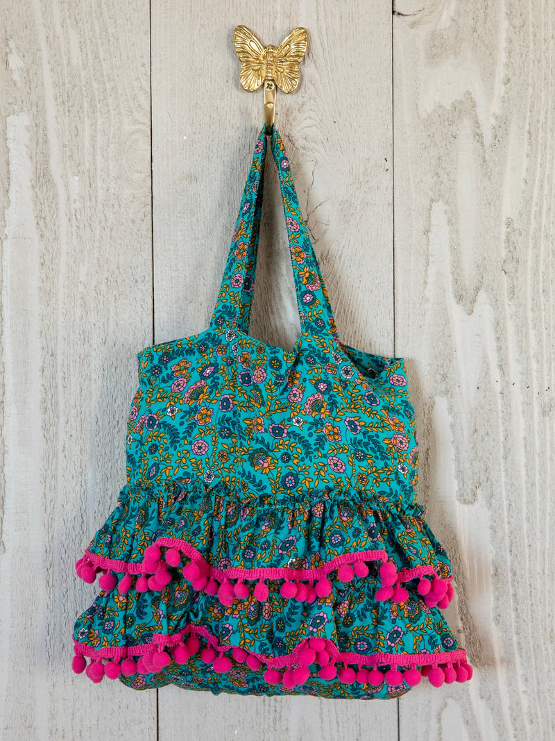 Natural Life Mini Ruffle Tote Bag - Turquoise Ditsy Vines