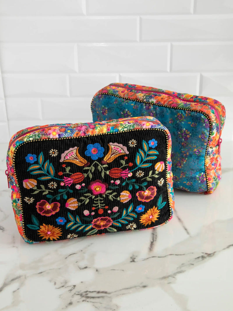 Natural Life® Embroidered Corduroy Cosmetic Pouch - Black Folk Flower