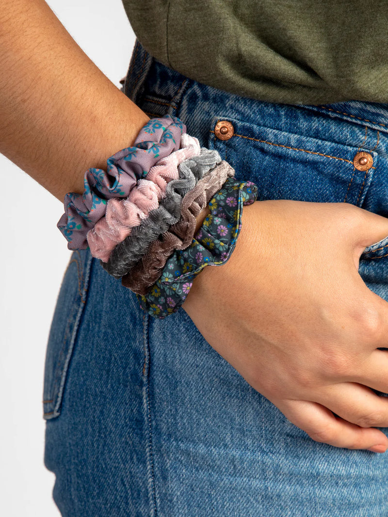 Natural Life® Print and Velvet Scrunchies, Set of 5 - Grey