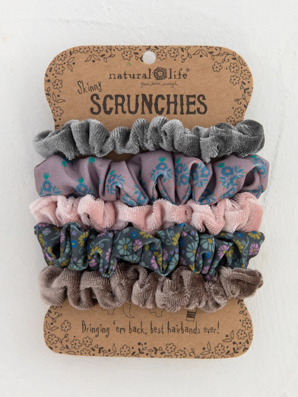 Natural Life® Print and Velvet Scrunchies, Set of 5 - Grey