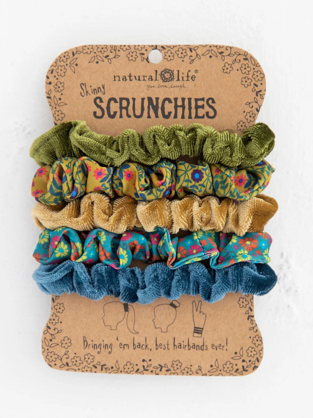 Natural Life® Print and Velvet Scrunchies, Set of 5 - Sage