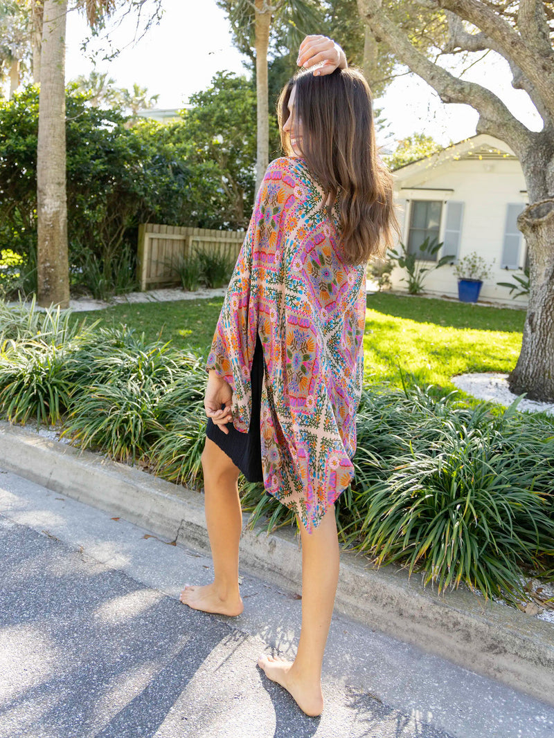 Natural Life Sierra Mixed Print Kimono - Pink Floral Diamonds