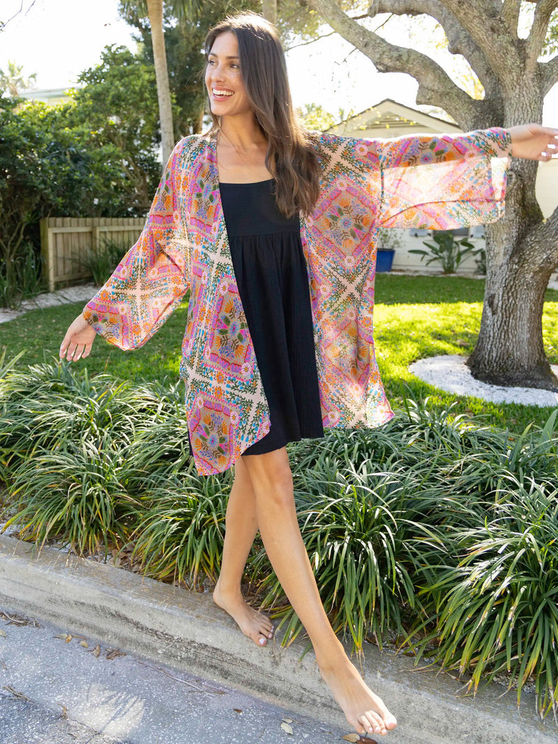 Natural Life Sierra Mixed Print Kimono - Pink Floral Diamonds