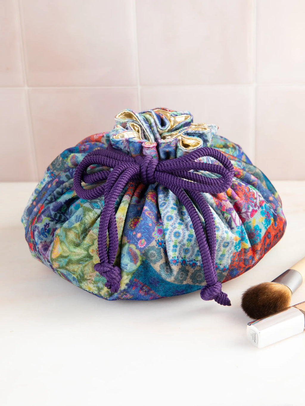Natural Life® Drawstring Velvet Cosmetic Pouch - Blue Patchwork