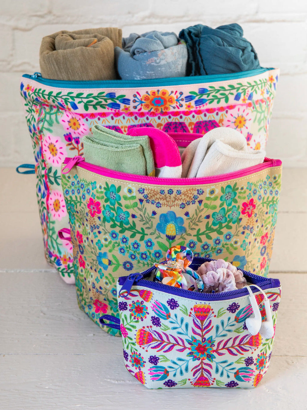 Natural Life® Anything & Everything Pouches, Set of 3 - Taupe Folk Flower