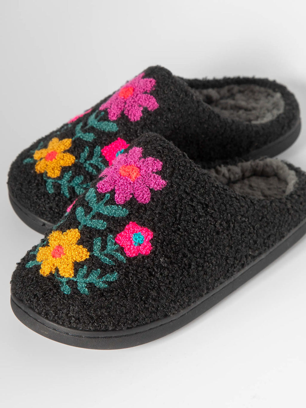 Natural Life Icon Sherpa Slippers - Charcoal Pink Folk Flower