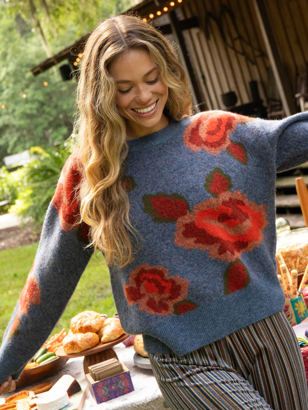 Natural Life Rosie Jacquard Pullover Sweater - Denim Floral