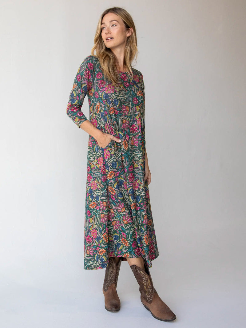 Natural Life Lottie Knit Midi Dress - Green Lined Floral