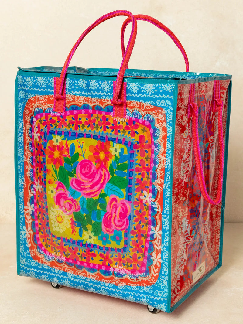 Natural Life Rolling Tote Bag - XL Teal Flower Bouquet