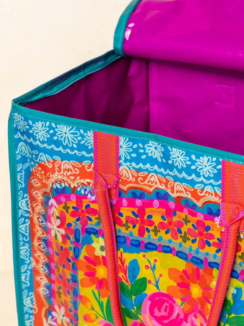 Natural Life Rolling Tote Bag - XL Teal Flower Bouquet
