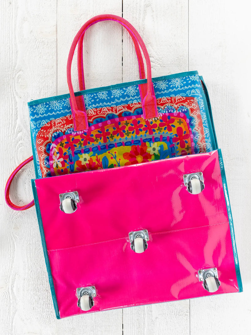 Natural Life Rolling Tote Bag - XL Teal Flower Bouquet