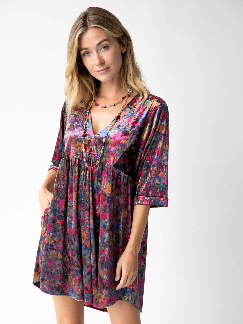 Natural Life Stella Velvet Mini Dress - Dark Floral Garden