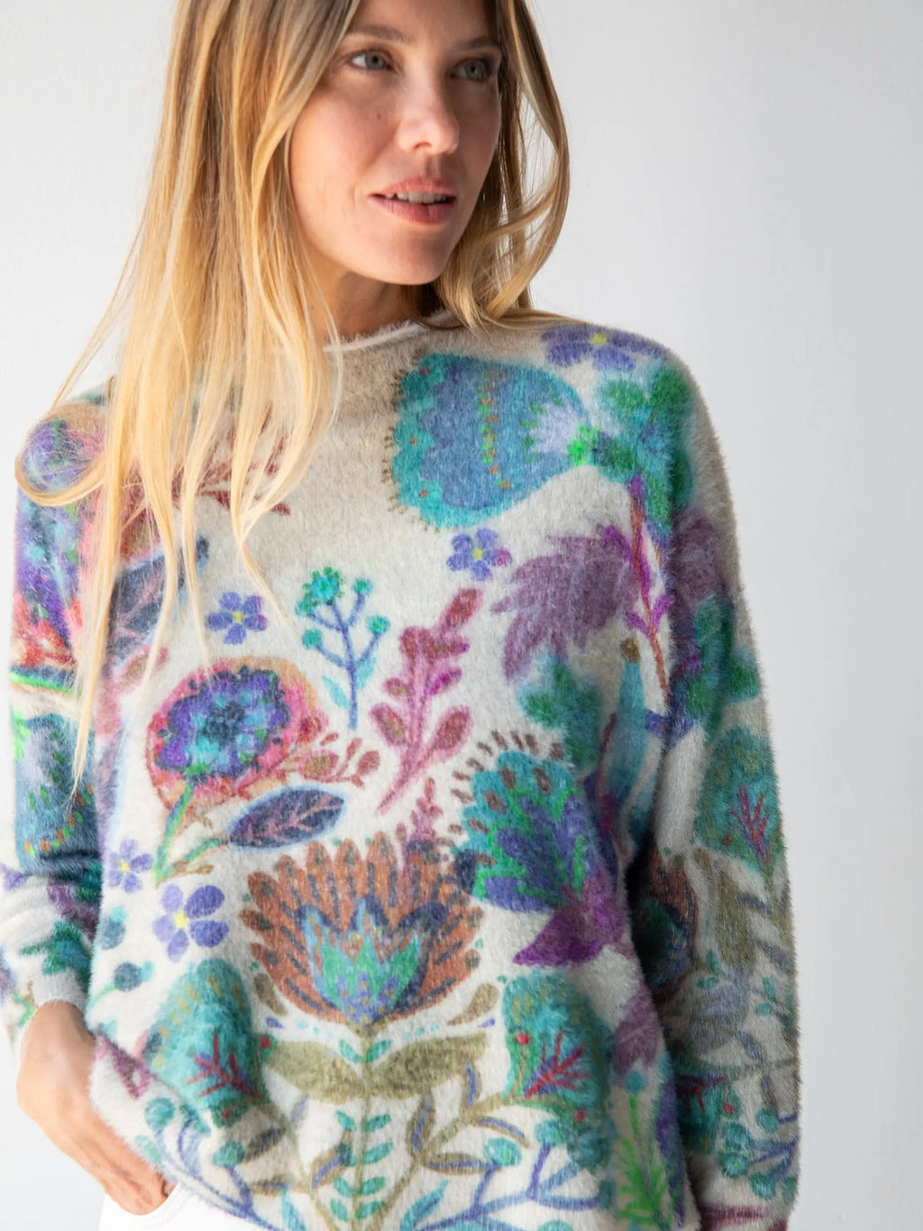 Natural Life Cashmere-Like Fuzzy Pullover Sweater - Ash Folk Flower