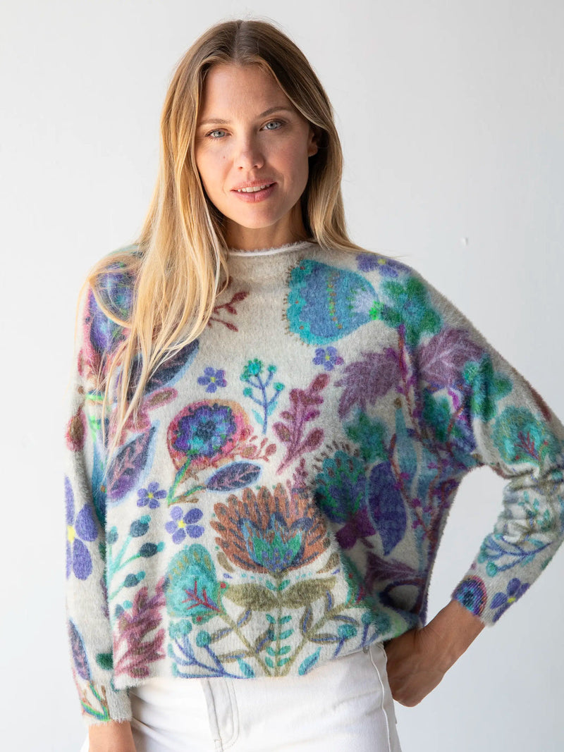 Natural Life Cashmere-Like Fuzzy Pullover Sweater - Ash Folk Flower