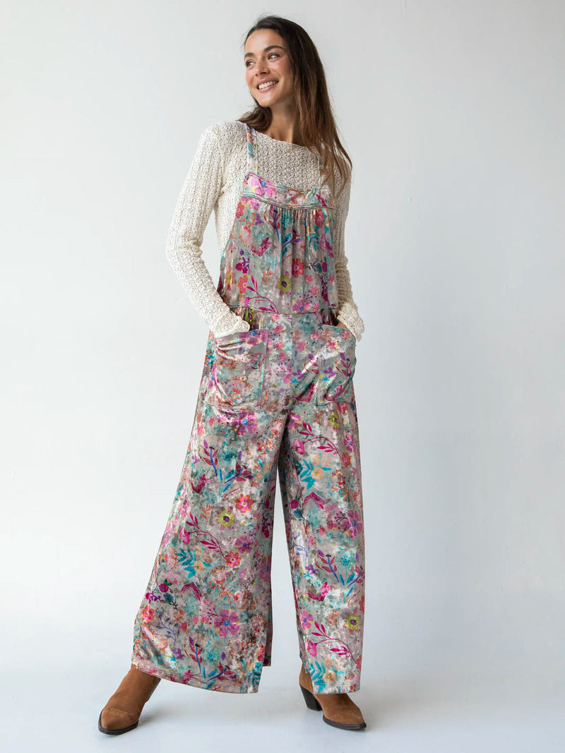 Natural Life Velvet Dakota Tie Overall - Cream Turquoise Flung Floral