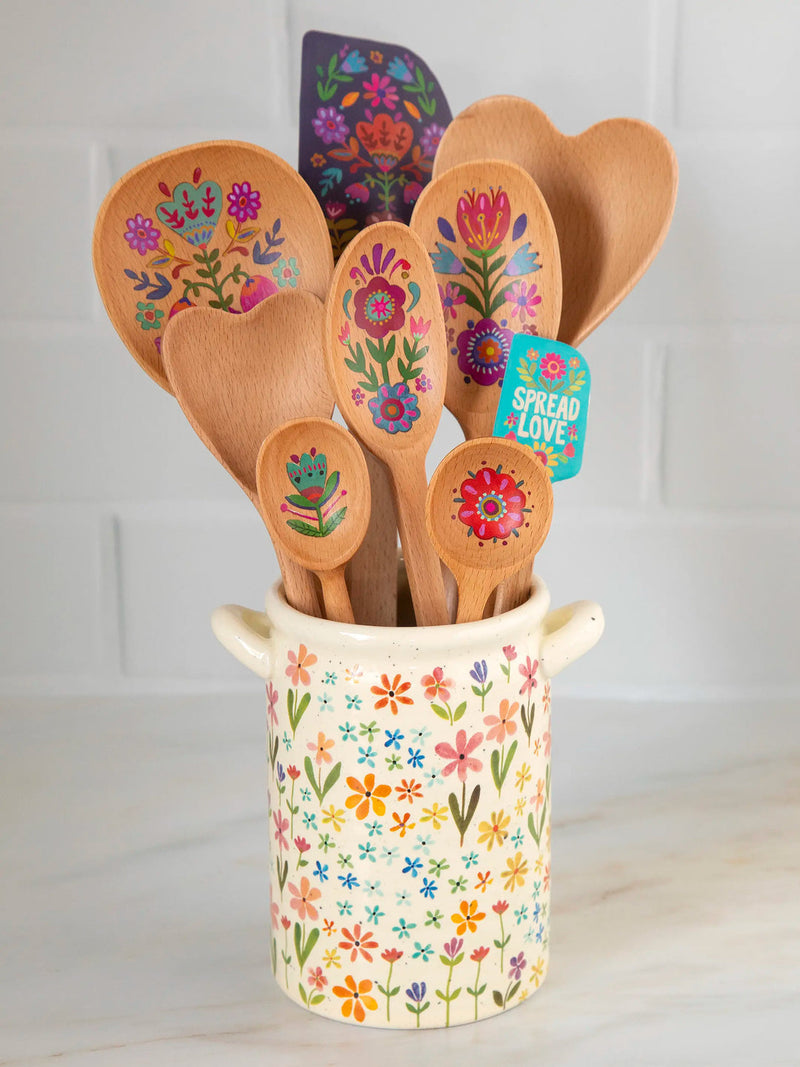 Natural Life Utensil Crock - Ditsy Cream Rainbow Floral