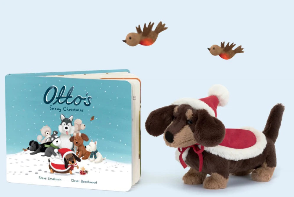 Jellycat Otto’s Snowy Christmas Book and Winter Warmer Otto Sausage Dog Plush Set