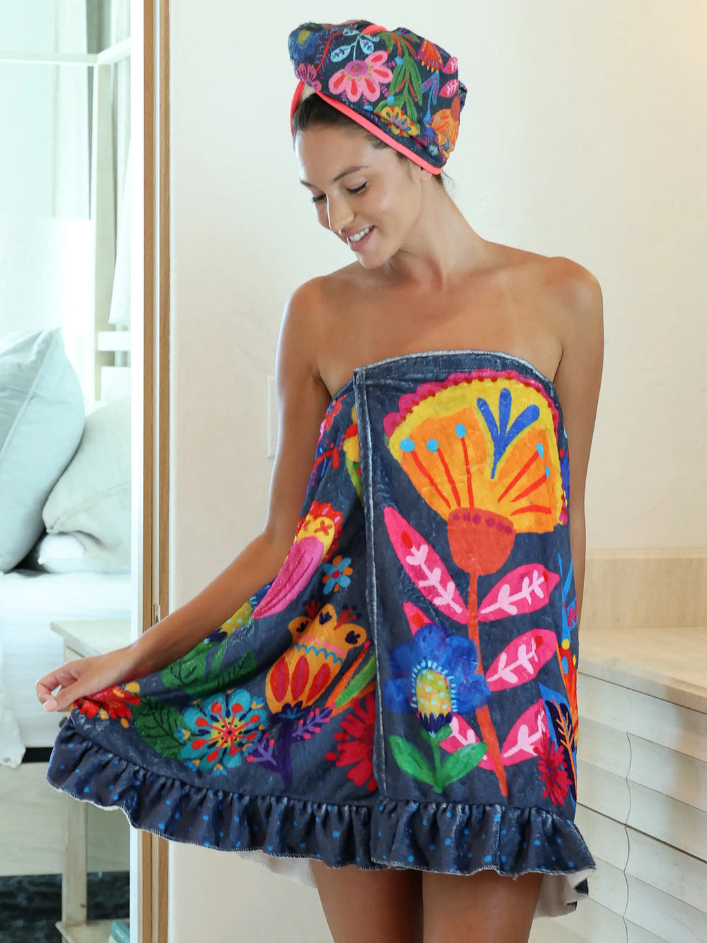 Natural Life Shower Body Towel Wrap - Navy Folk Flower