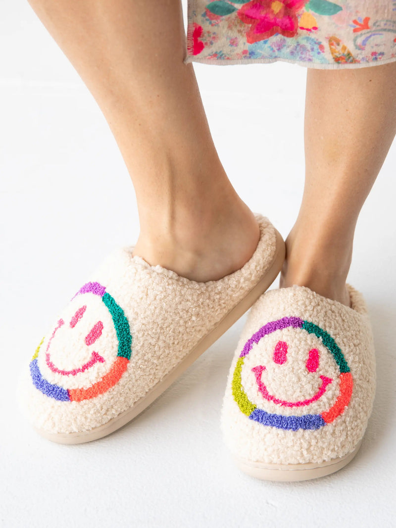 Natural Life Icon Sherpa Slippers - Neon Smiley Face