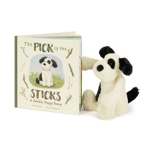Jellycat The Pick of Sticks Book and Bashful Black and Cream Puppy Medium Plush Set