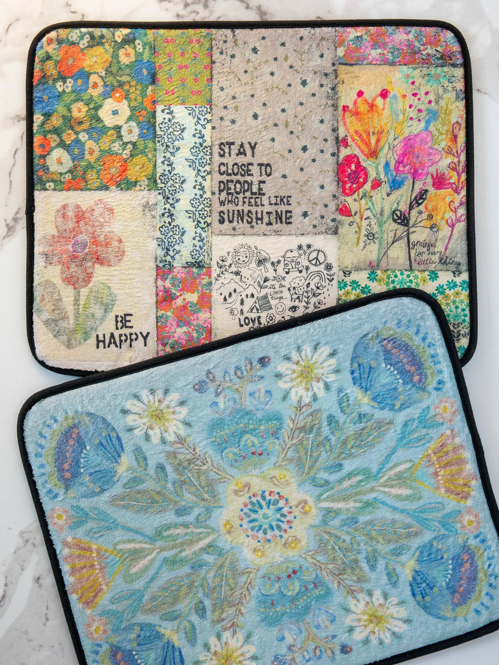 Natural Life Reversible Dish Drying Mat - Dusty Blue Folk Flower