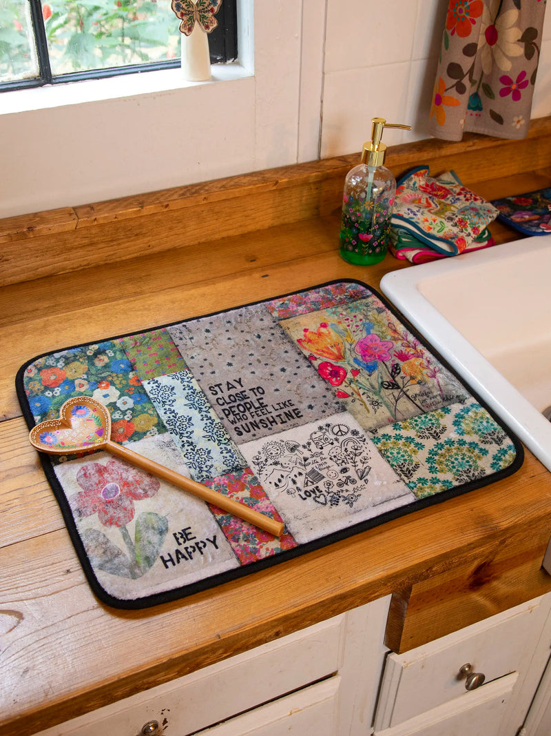 Natural Life Reversible Dish Drying Mat - Dusty Blue Folk Flower