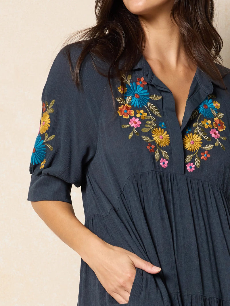 Natural Life Rebecca Embroidered Midi Dress - Charcoal