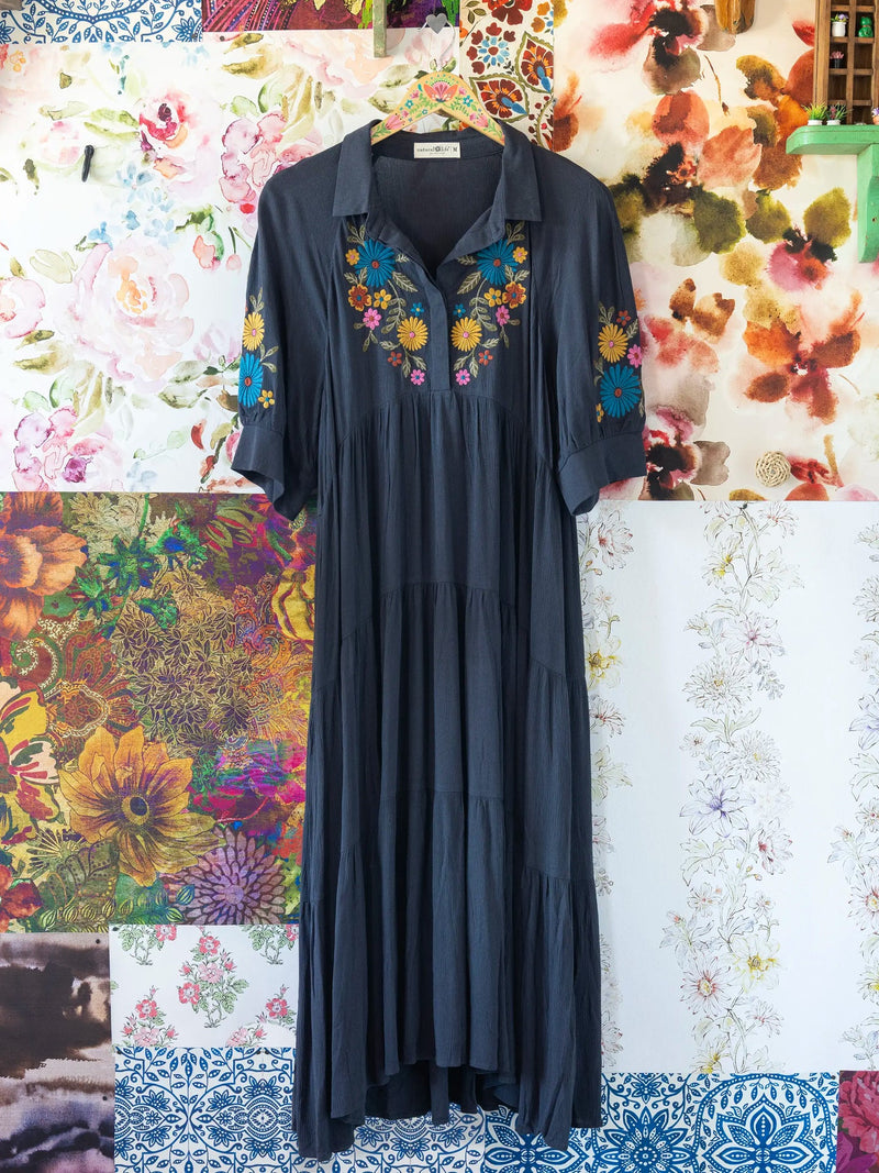 Natural Life Rebecca Embroidered Midi Dress - Charcoal