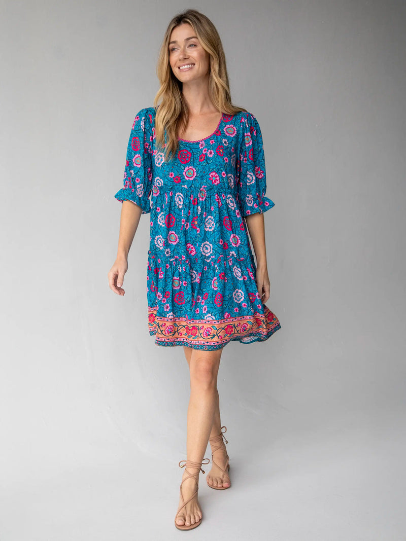 Natural Life Collette Dress - Blue Pink Floral Border