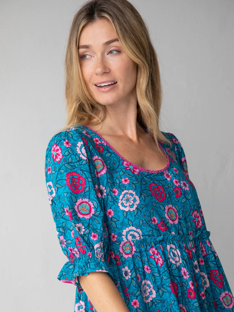 Natural Life Collette Dress - Blue Pink Floral Border