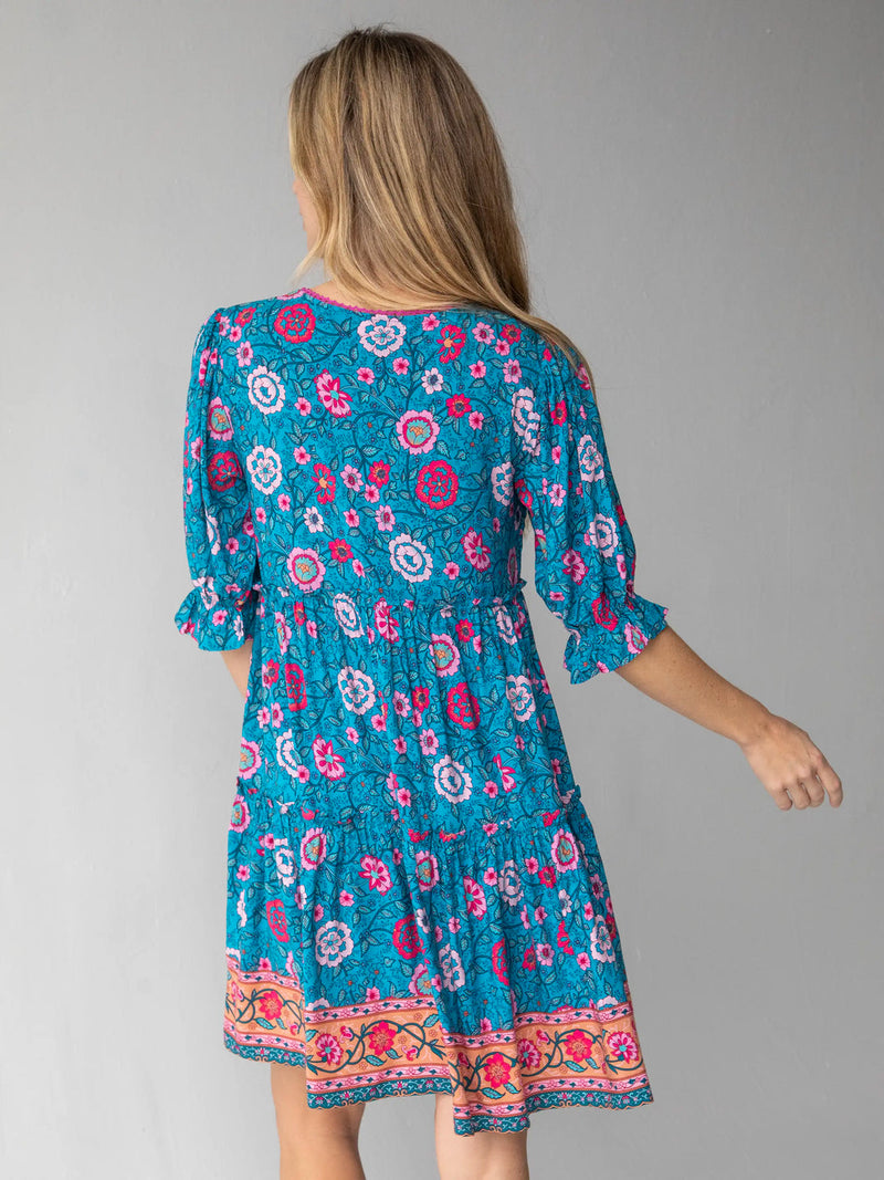 Natural Life Collette Dress - Blue Pink Floral Border