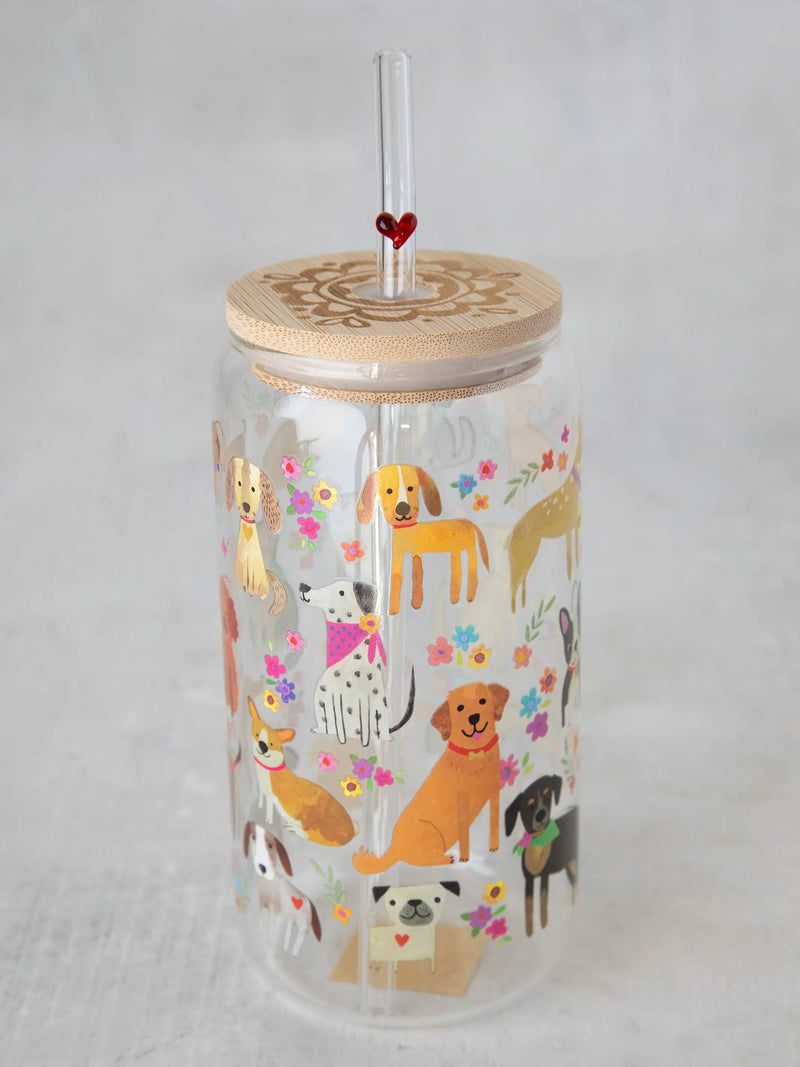 Natural Life Glass Tumbler With Lid & Straw - Dog