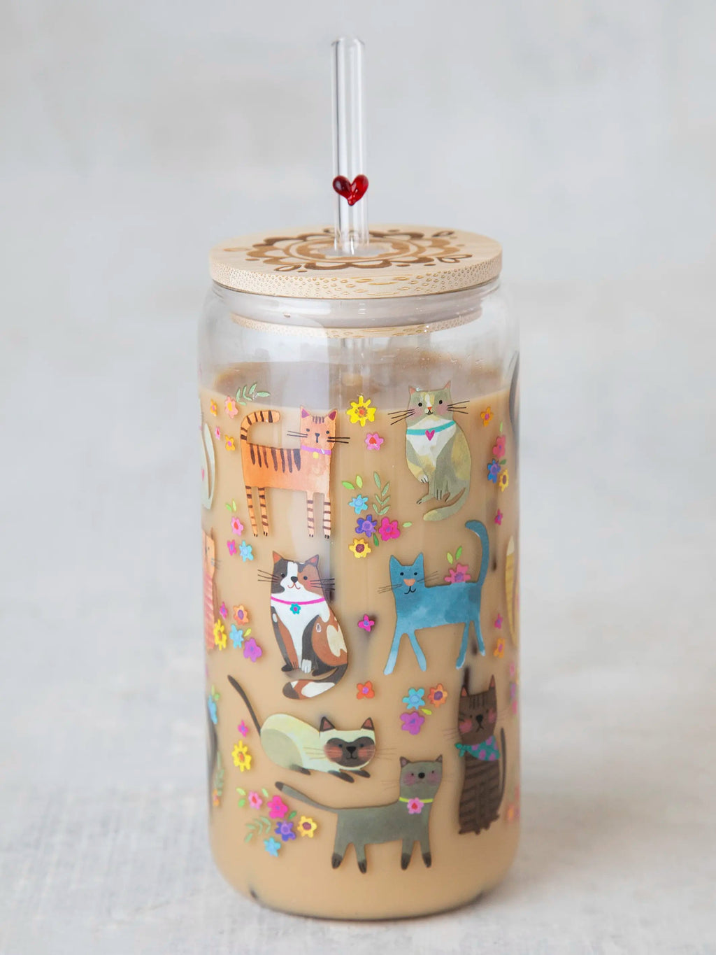 Natural Life Glass Tumbler With Lid & Straw - Cat