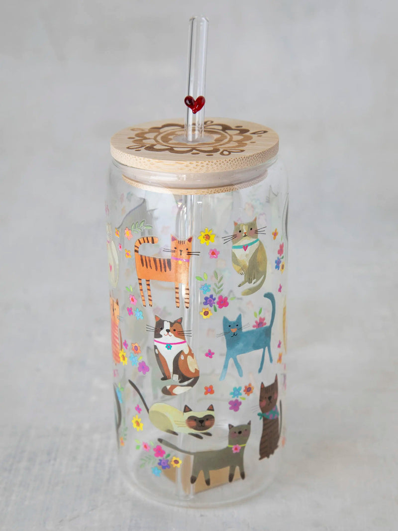 Natural Life Glass Tumbler With Lid & Straw - Cat