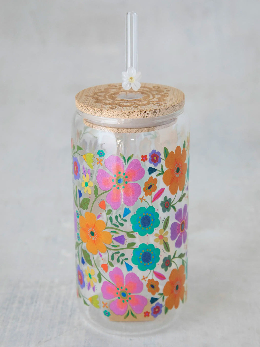 Natural Life Glass Tumbler With Lid & Straw - Folk Flower