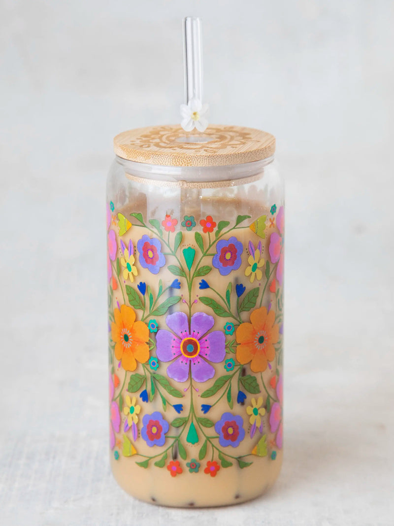 Natural Life Glass Tumbler With Lid & Straw - Folk Flower