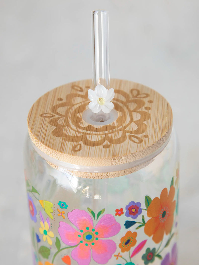 Natural Life Glass Tumbler With Lid & Straw - Folk Flower