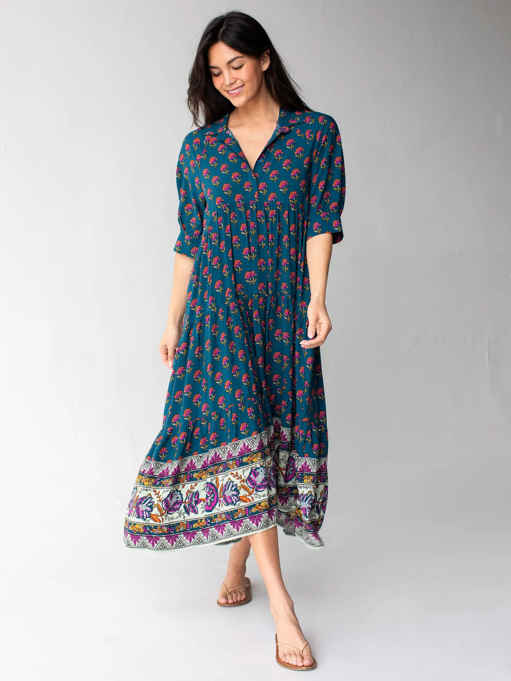 Natural Life Rebecca Midi Dress - Navy Pink Roses Border